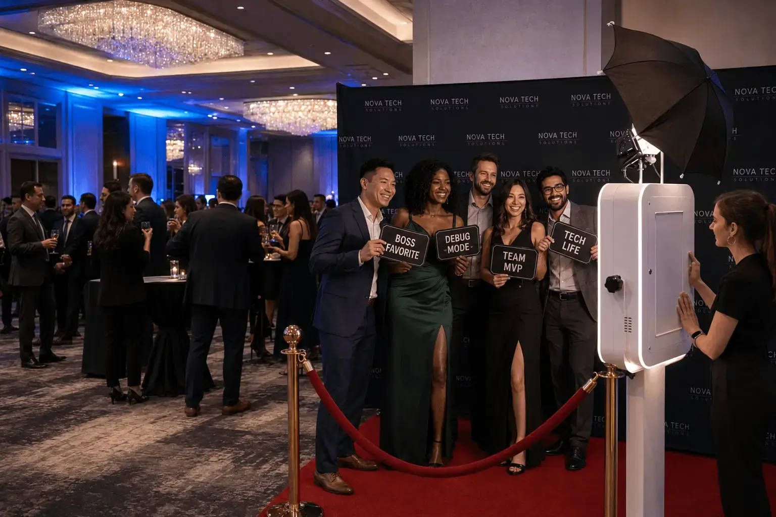 Corporate event guests holding signs at a branded photo booth backdrop