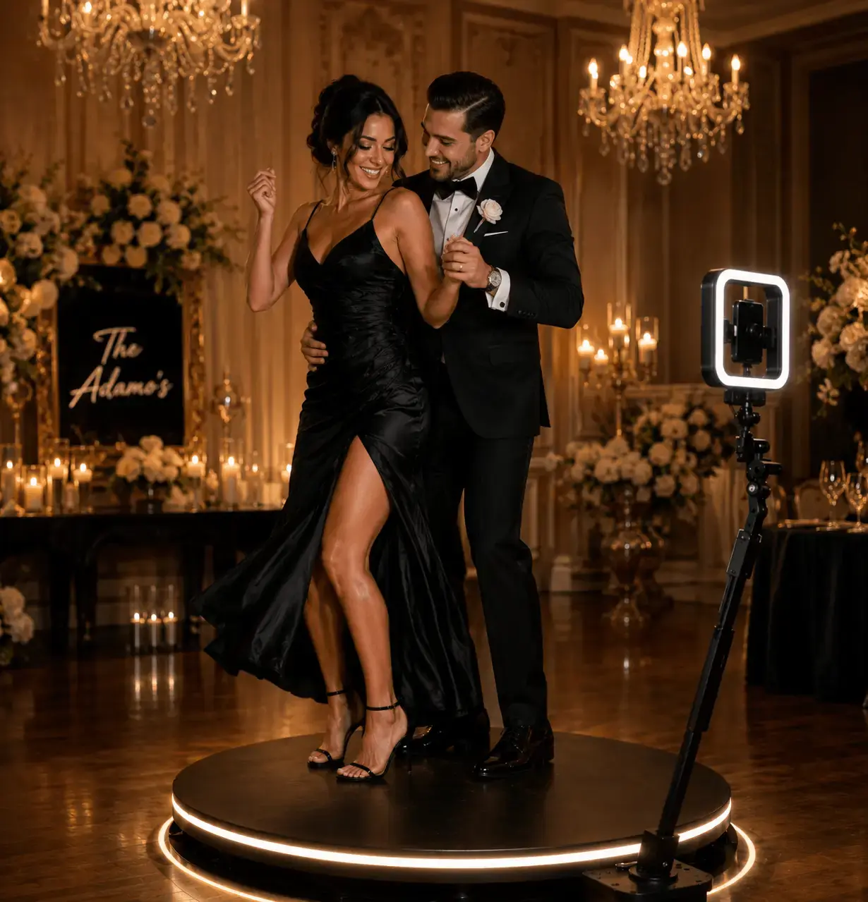 Couple dancing on a 360 video booth at a wedding reception