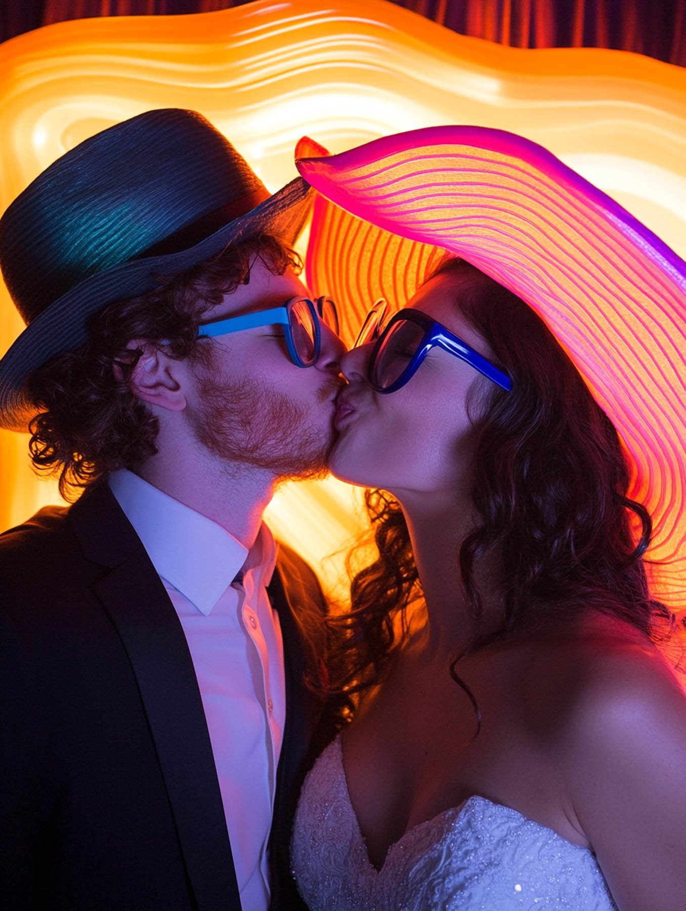 Couple wearing hats and glasses kissing in front of a bright neon heart-shaped light.