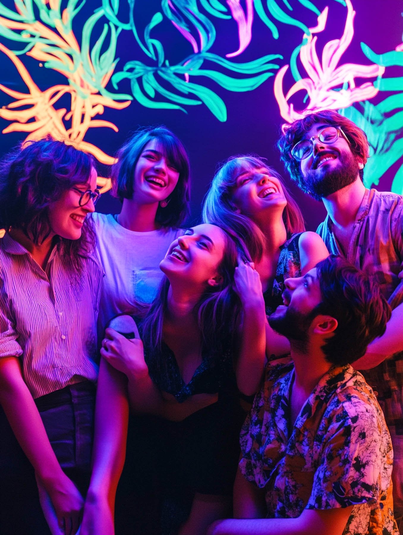 Group of six young adults laughing and enjoying in a vibrant room with colorful neon floral wall art.