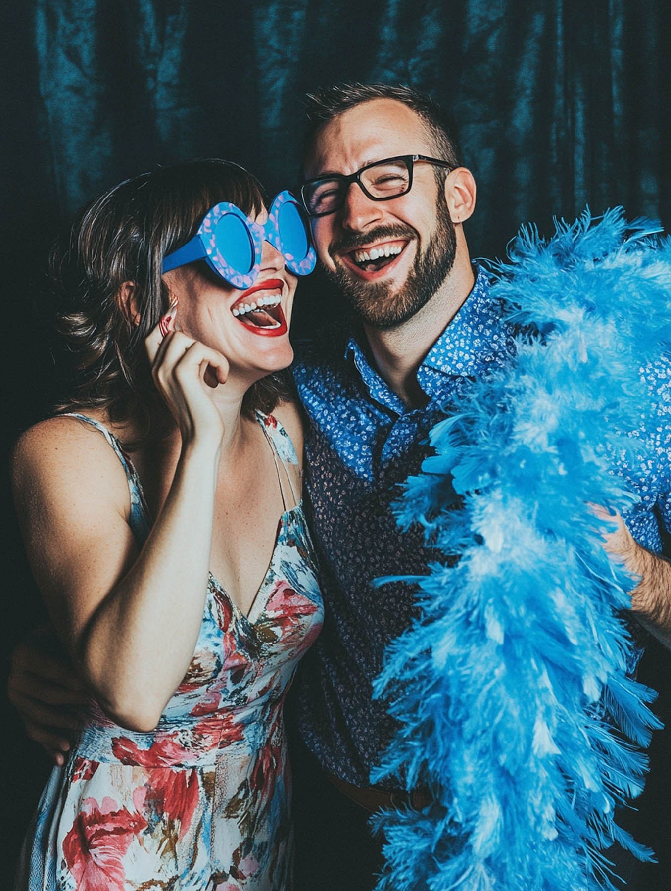 Couple with a blue feather boa and novelty glasses posing at a photo booth