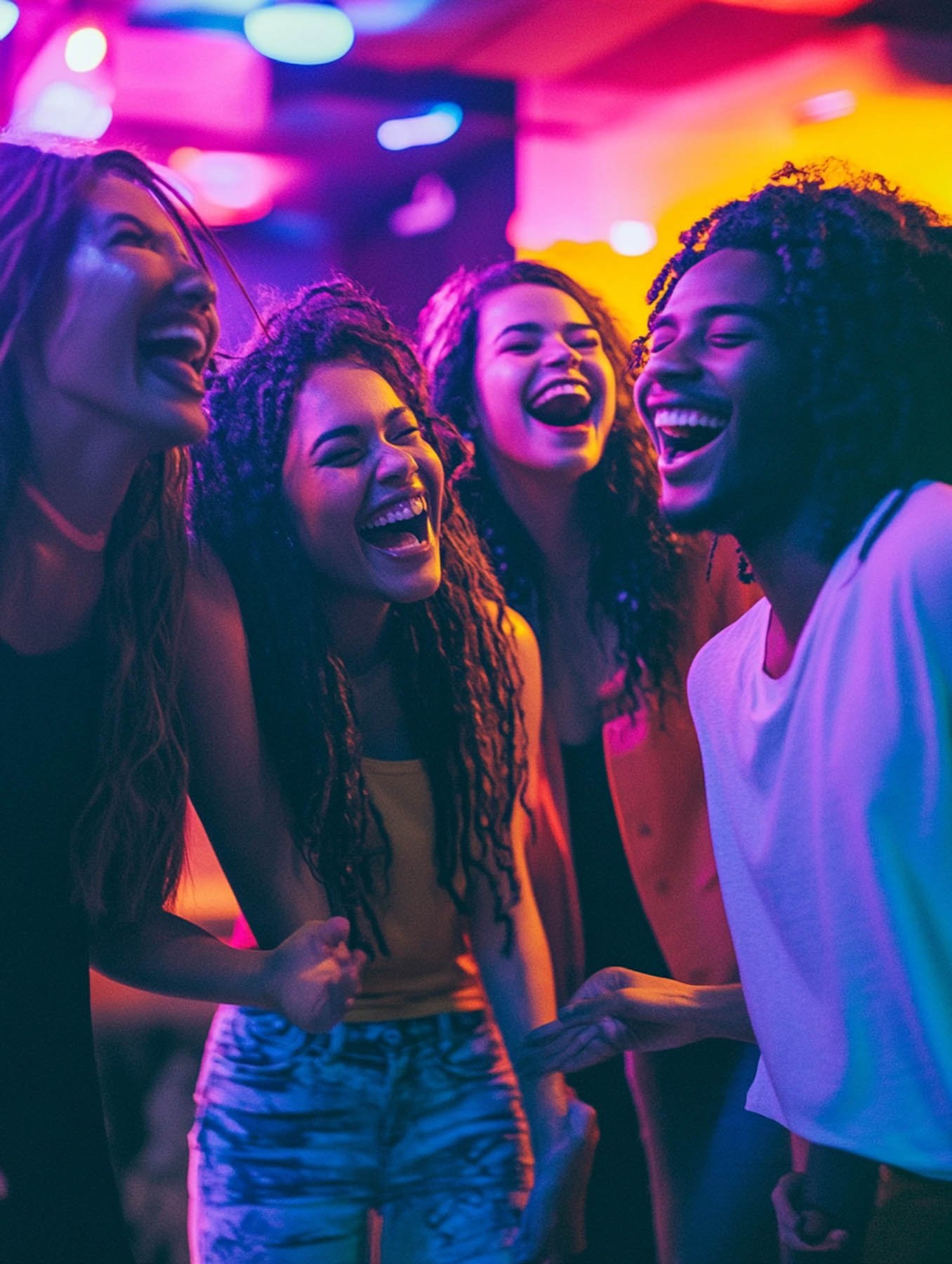 Group of four young adults laughing together in a vibrant, colorful party setting.