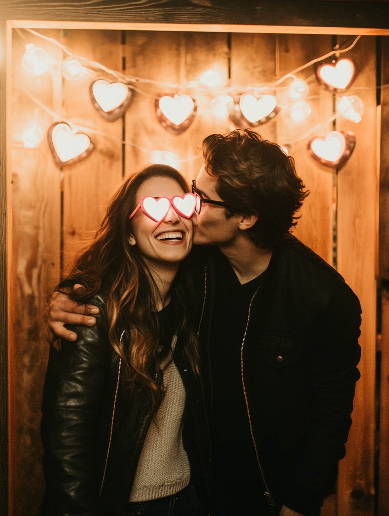 Couple in heart glasses kissing under heart-shaped string lights