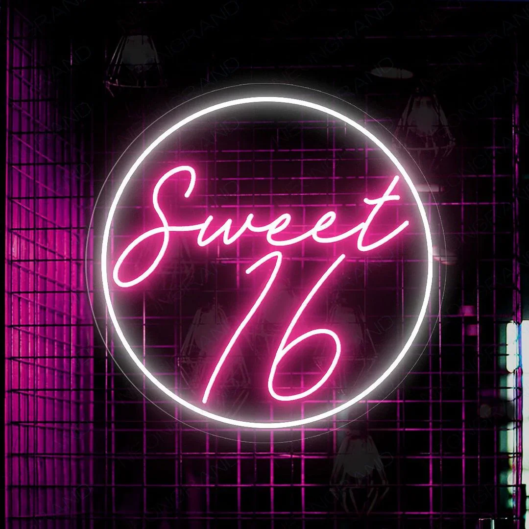 Neon sign with pink cursive text reading 'Sweet 16' inside a glowing white circle on a dark grid background.