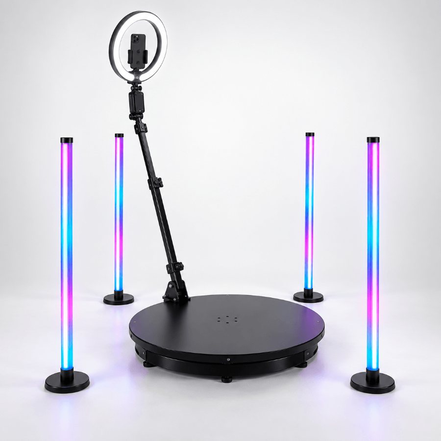 360 video booth with ring light and RGB light tubes