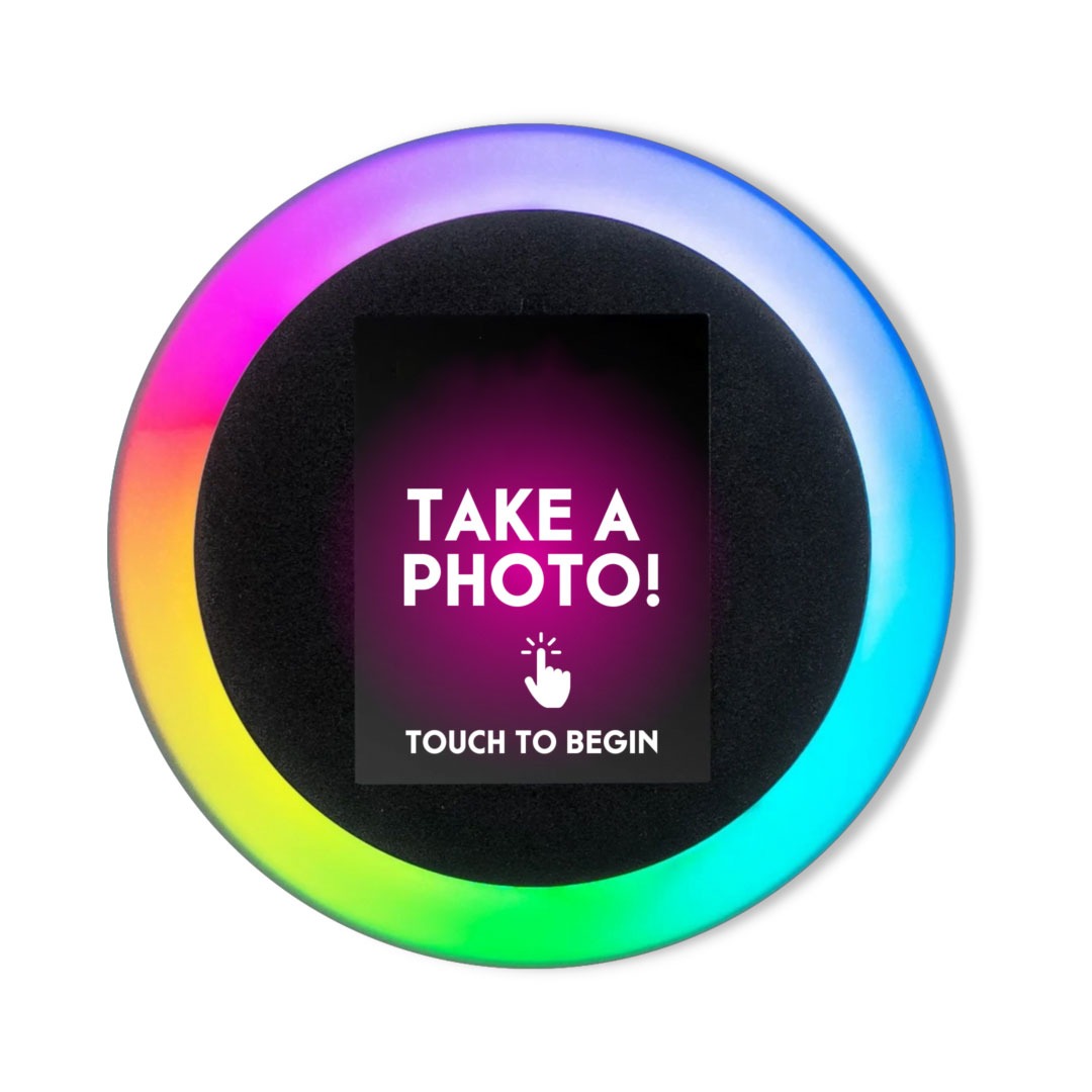 Roaming photo booth with a rainbow light ring and a Take a Photo touch screen