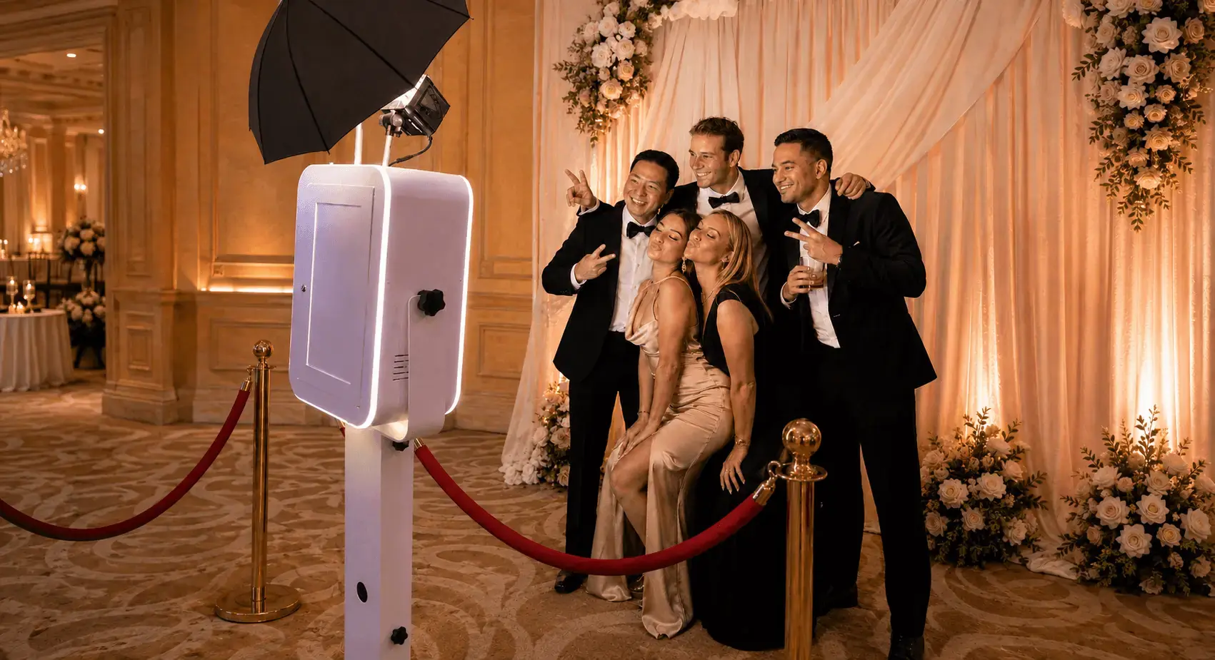 Open-air Voto Booth with wedding guests posing behind velvet ropes