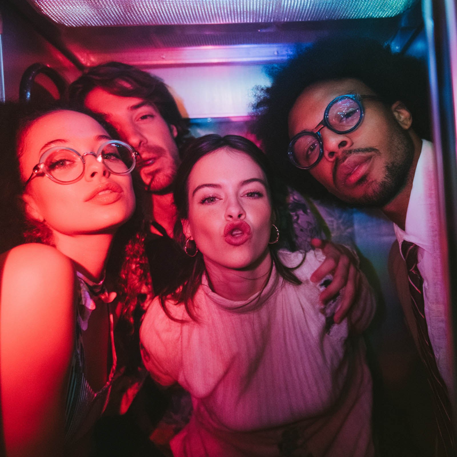 Friends posing inside a colorful photo booth