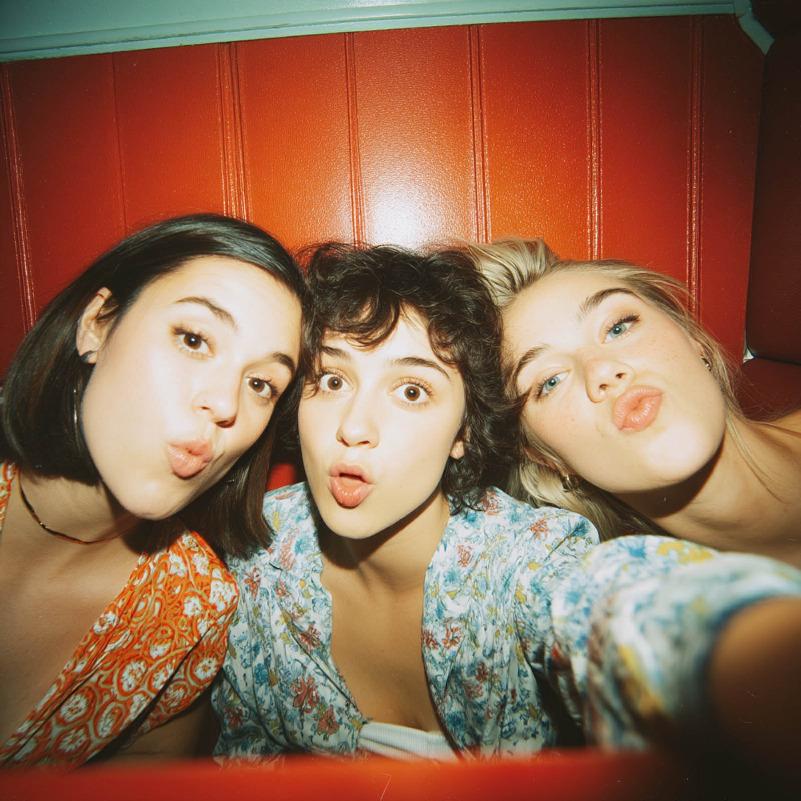 Friends posing inside a vintage photo booth
