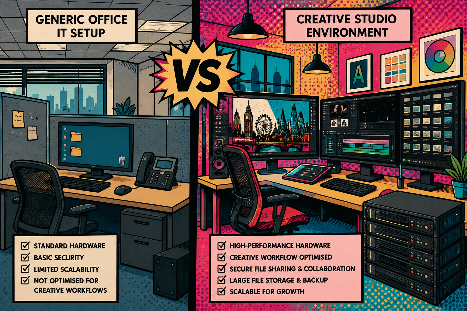 a simple visual contrast between a generic office IT setup and a creative studio environment (large monitors, design software visible, render/file storage hardware) to illustrate the specialism point.