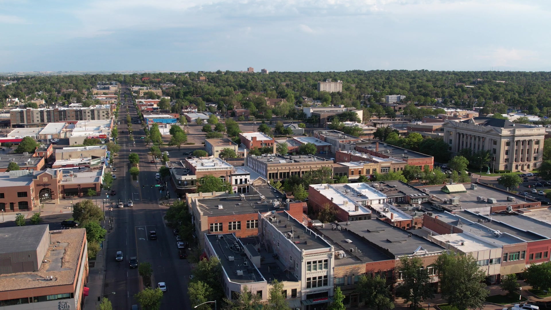 Downtown Greeley under a blue sky