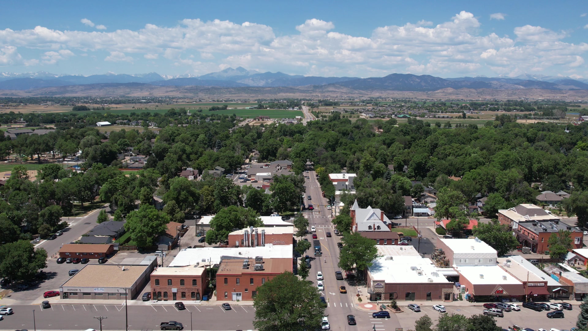 Downtown Berthoud with the Front Range and Longs Peak