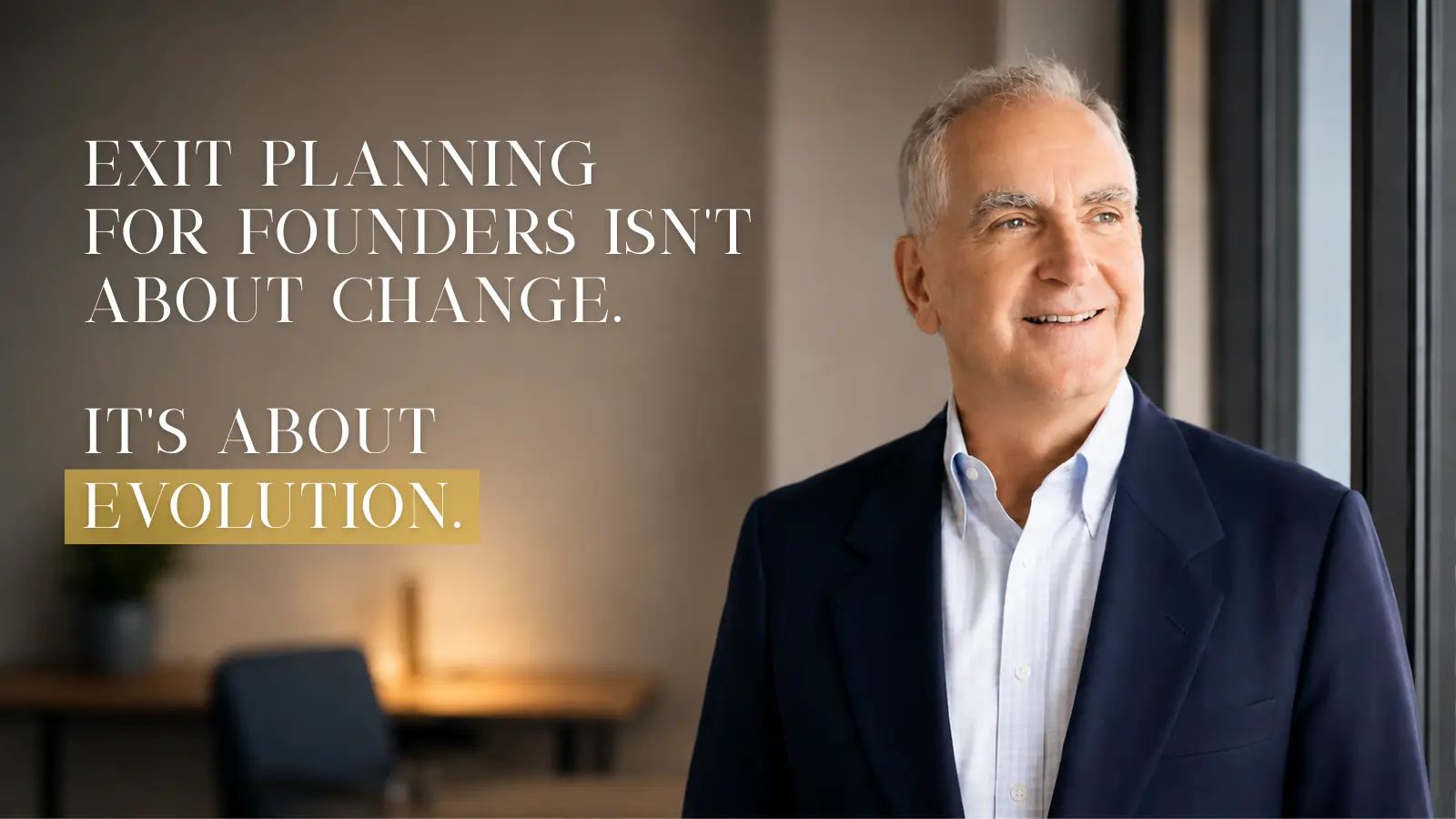 A business founder reflecting on exit planning for founders, with the blog post title overlaid in white and gold text.