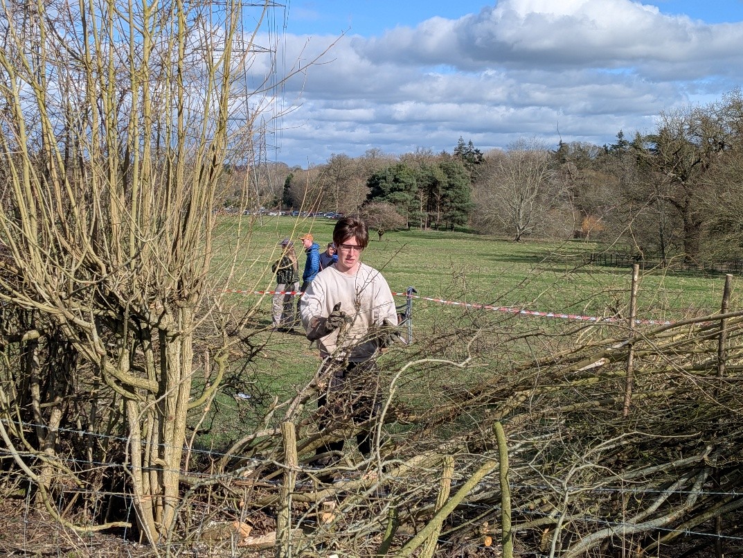 A man wearing goggles stands behind part of a hedge