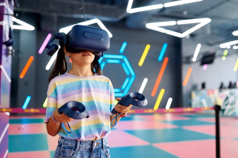 Girl playing with a VR headset in at an event