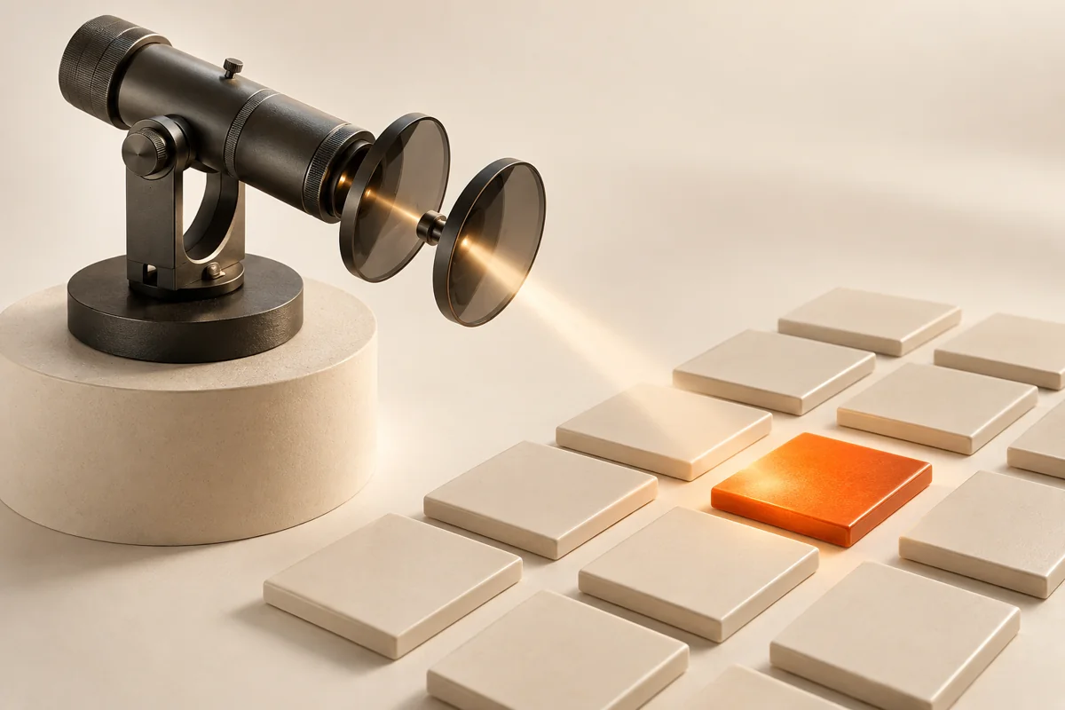 An optical instrument focuses attention on one orange tile