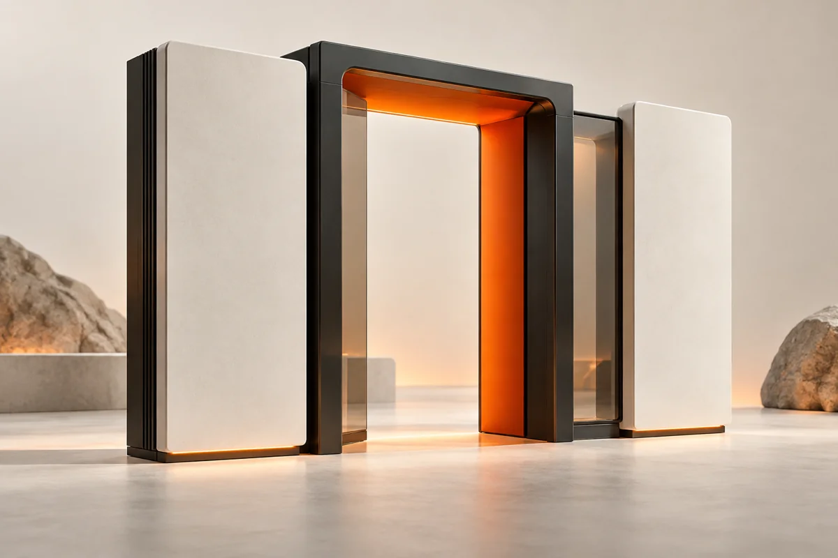 Interlocking architectural pieces form a clear orange passage
