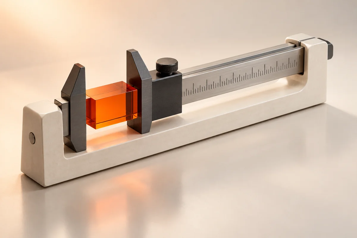 A precision instrument measures an orange glass block