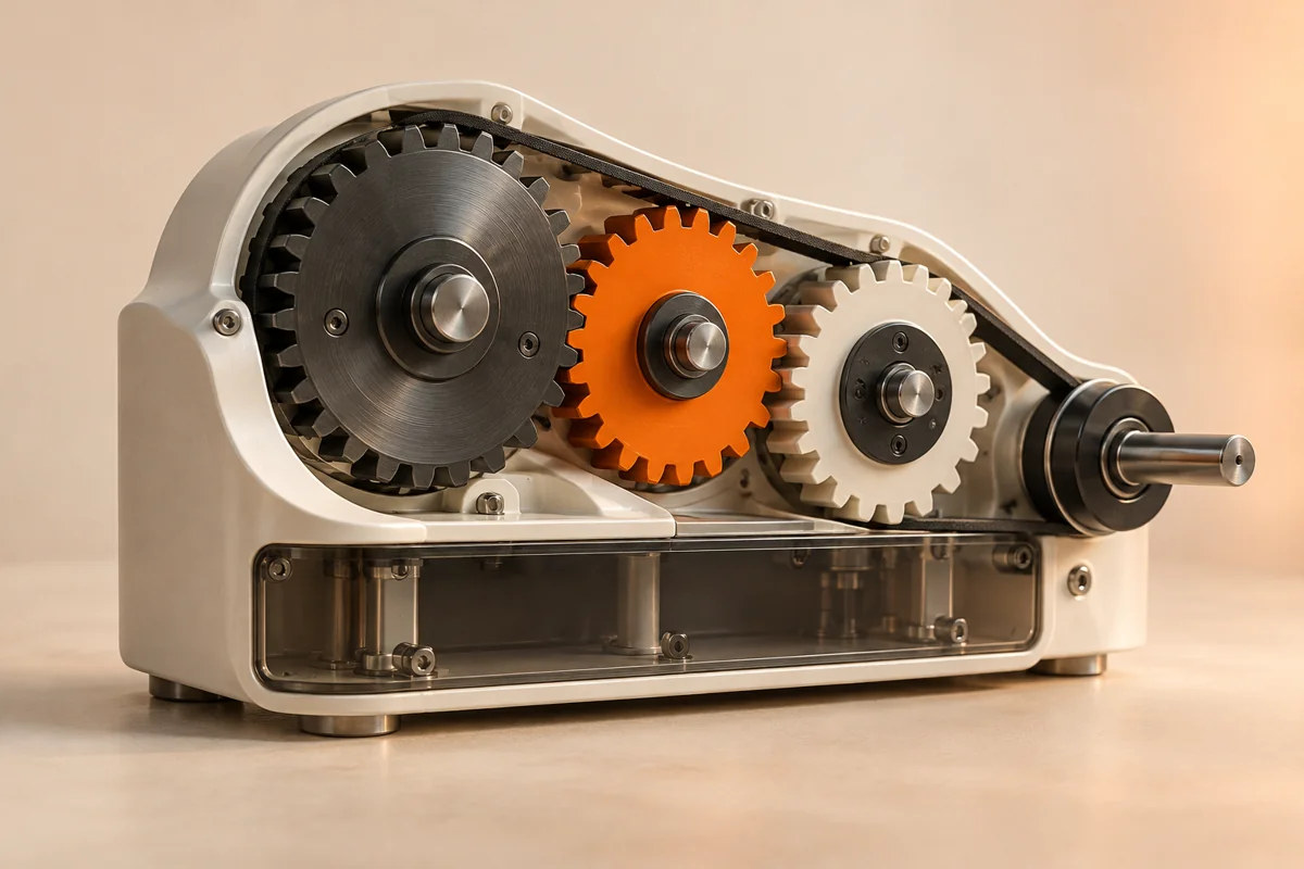 Connected gears transfer movement through one mechanism