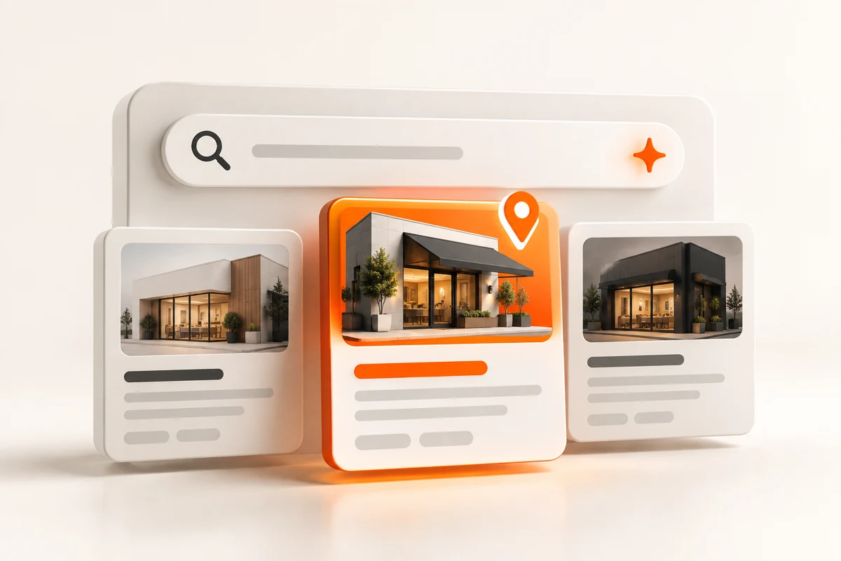 Search results with a highlighted local business and AI search symbol