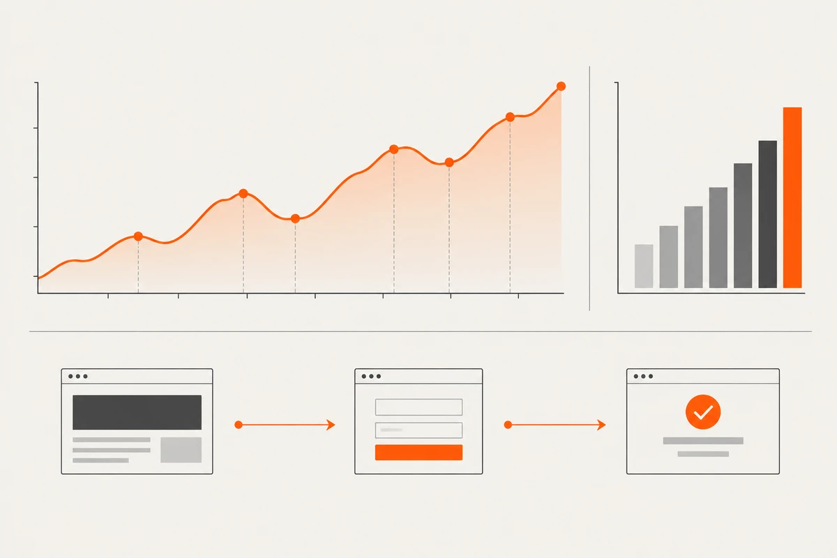 Analytics charts and a website conversion journey