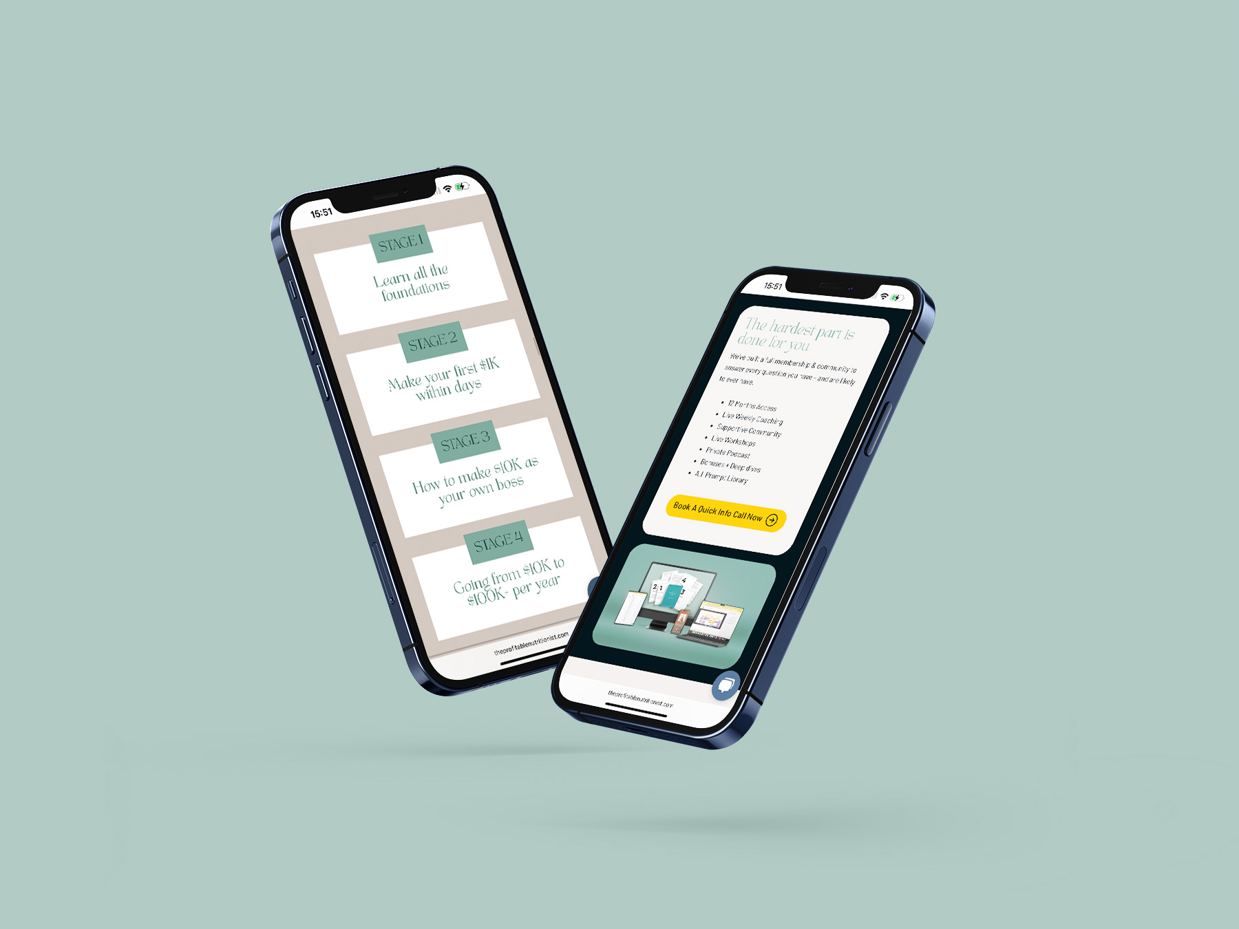 Mobile sales funnel screens for The Profitable Nutritionist