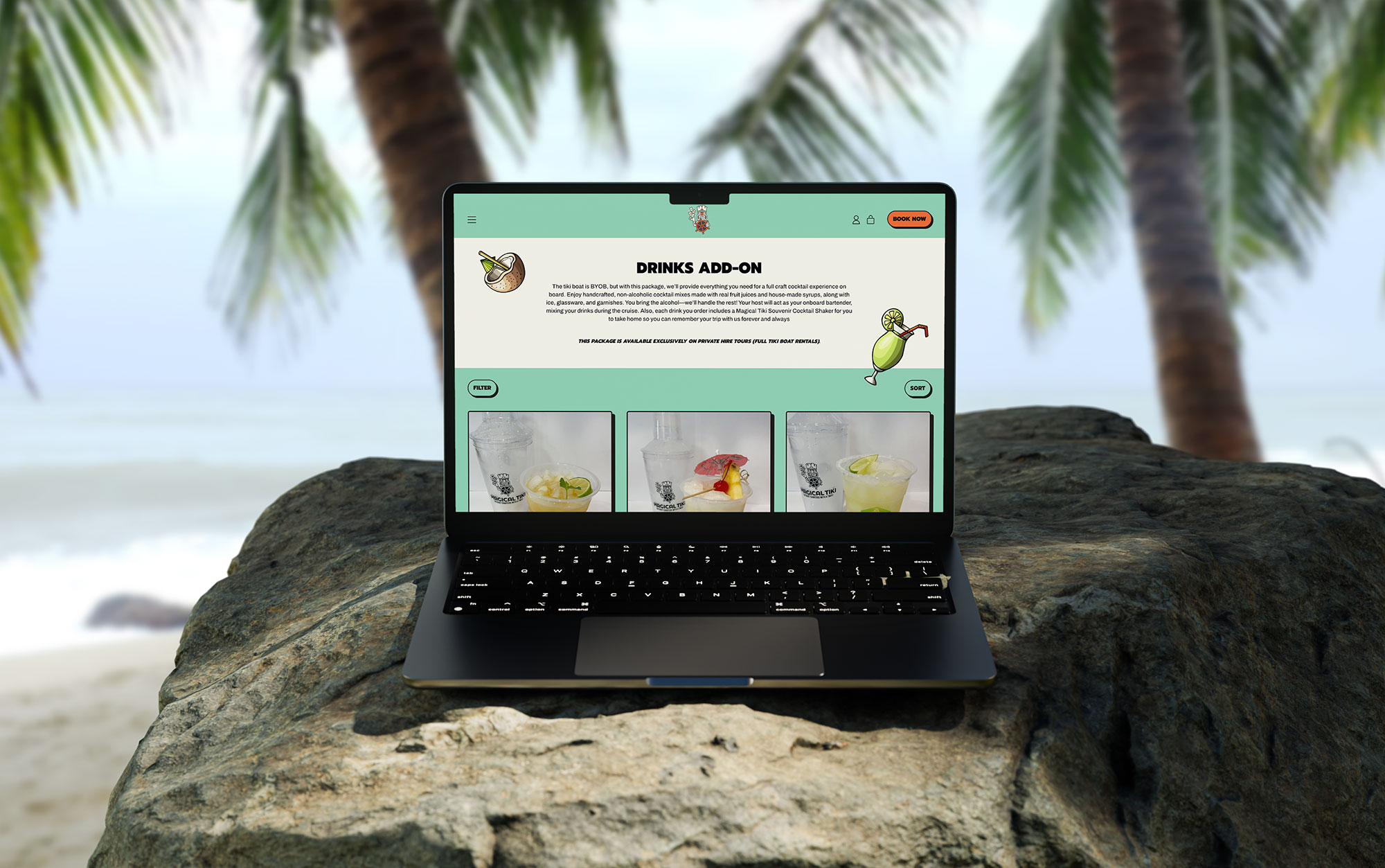 Magical Tiki website page featuring private charters
