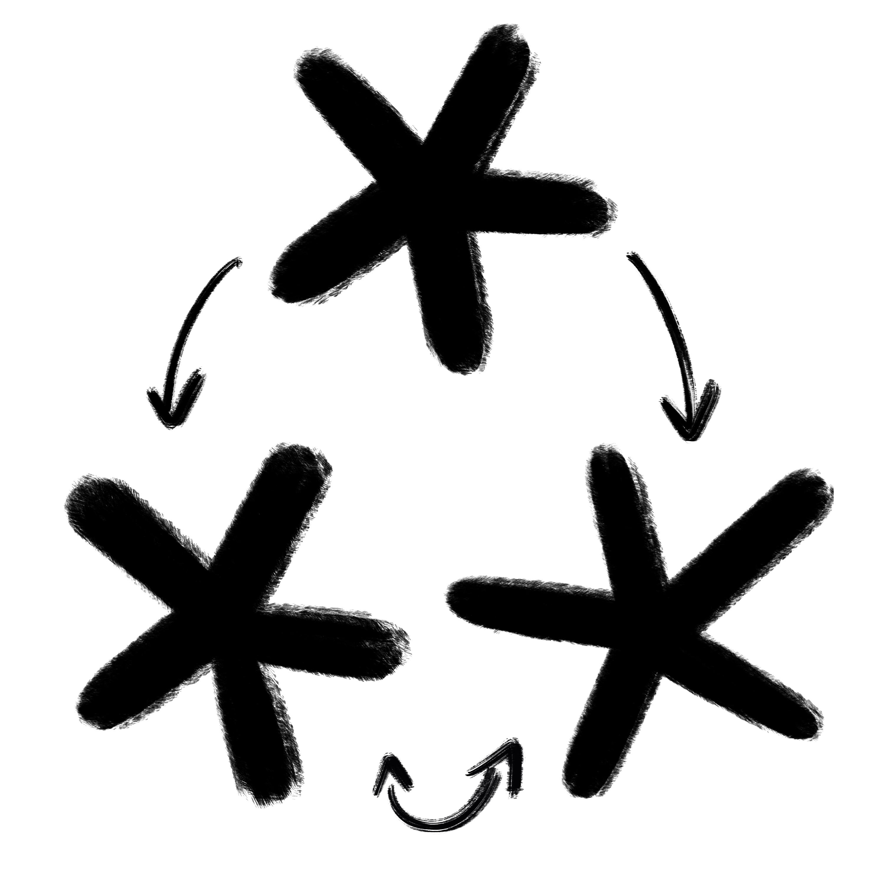 Illustration minimaliste de trois astérisques reliés par des flèches, symbolisant l’intelligence collective et les dynamiques collaboratives au cœur des nouveaux modèles de management.