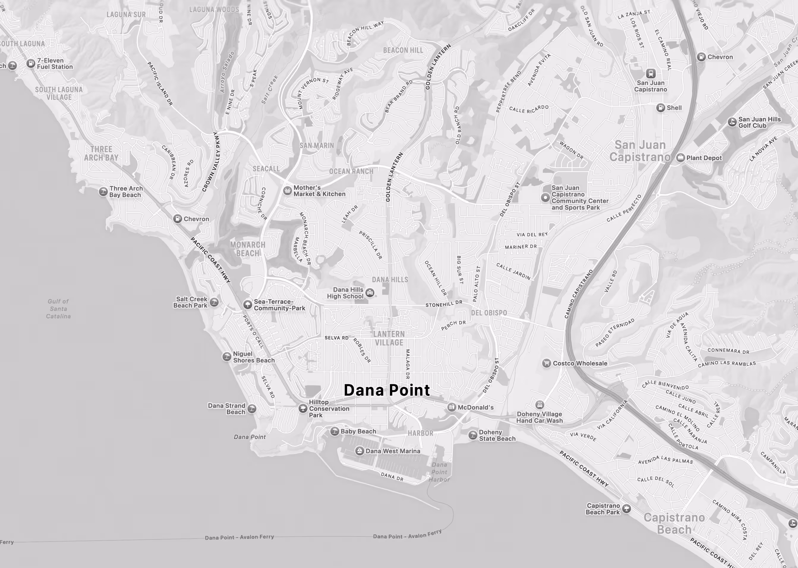 Karte zeigt Dana Point, Kalifornien mit Stränden, Parks und nahegelegenen Orten wie Capistrano Beach.