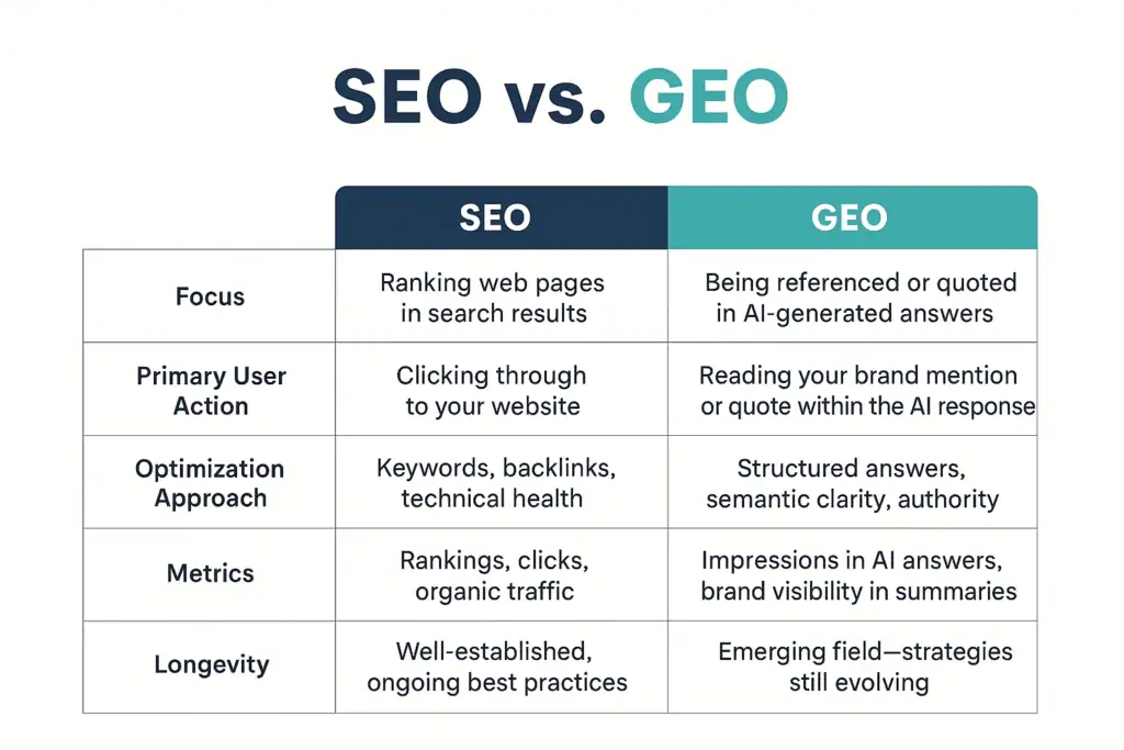 Tableau des différences de métriques entre SEO et GEO