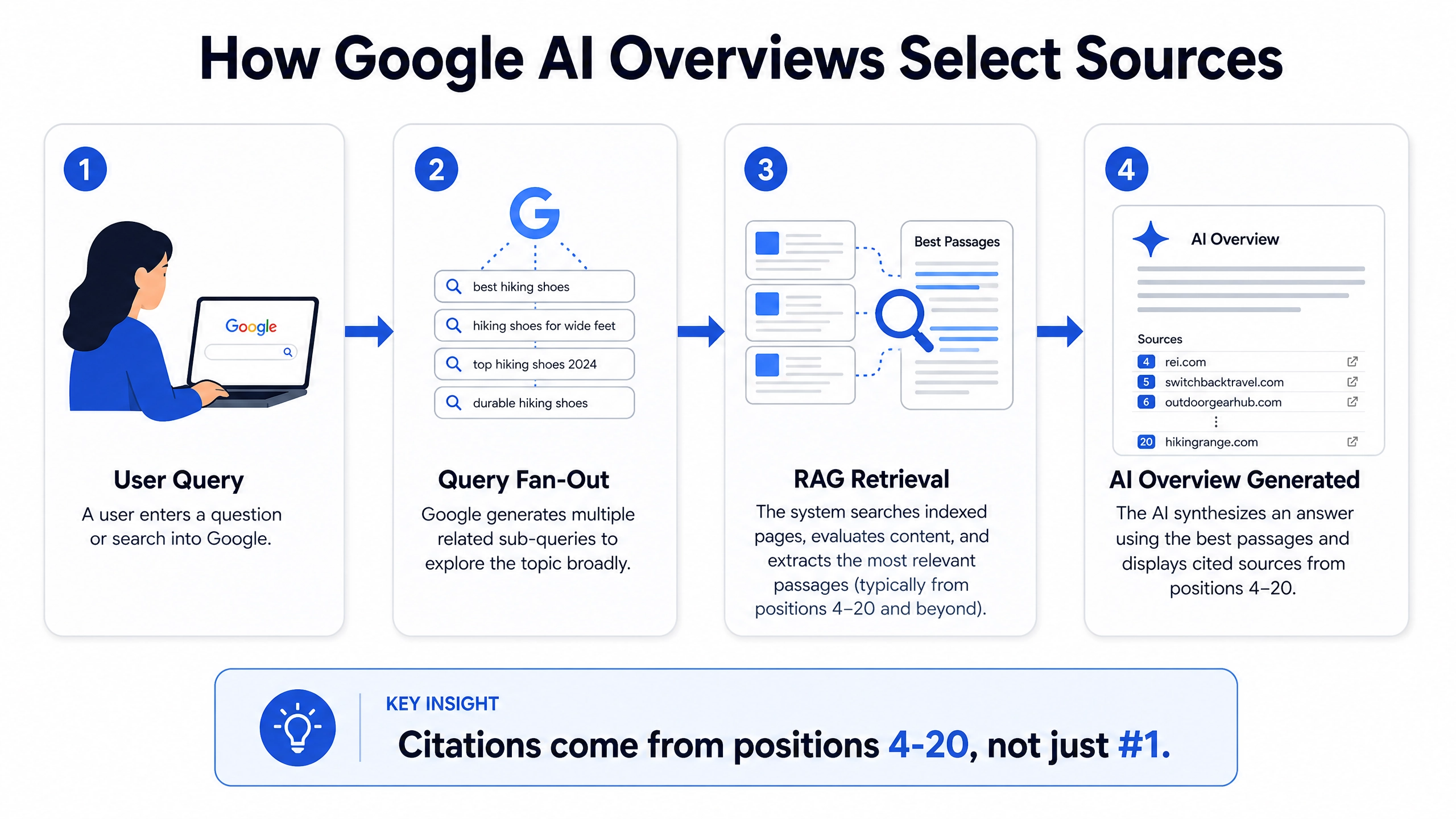 Infographic showing how Google's AI Overviews RAG pipeline works in 4 steps