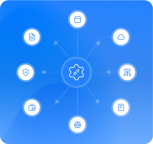 A blue background with white circles and icons.