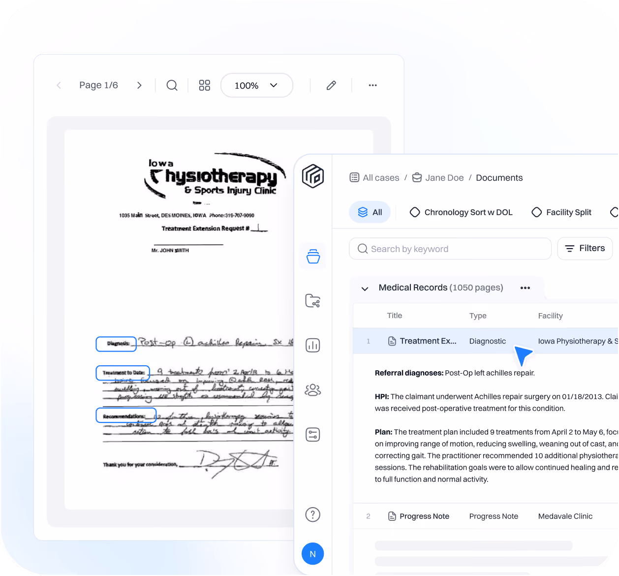 AI medical record review software interface showing organised case file