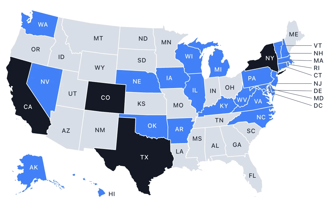 US map of AI regulation: 25 jurisdictions with the NAIC Model Bulletin and 4 with insurance-specific rules (California, Colorado, New York, Texas)