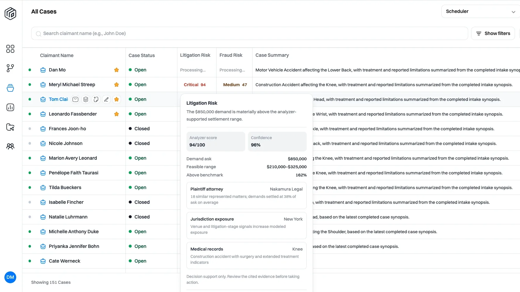 Wisedocs triage view of all cases with claimant names, case status and a litigation risk panel