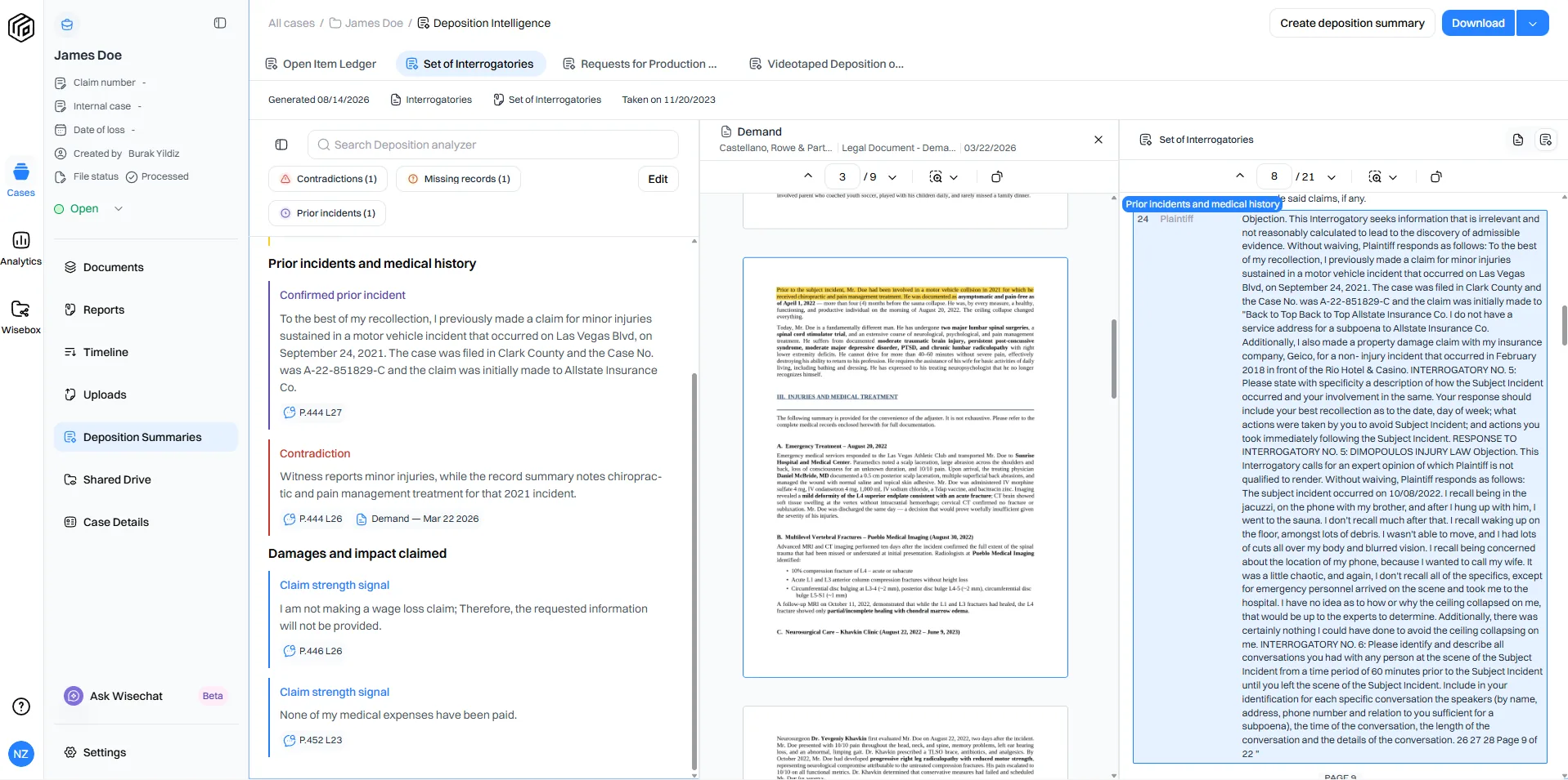 Wisedocs deposition intelligence flagging a contradiction between witness testimony and the record, with page and line citations