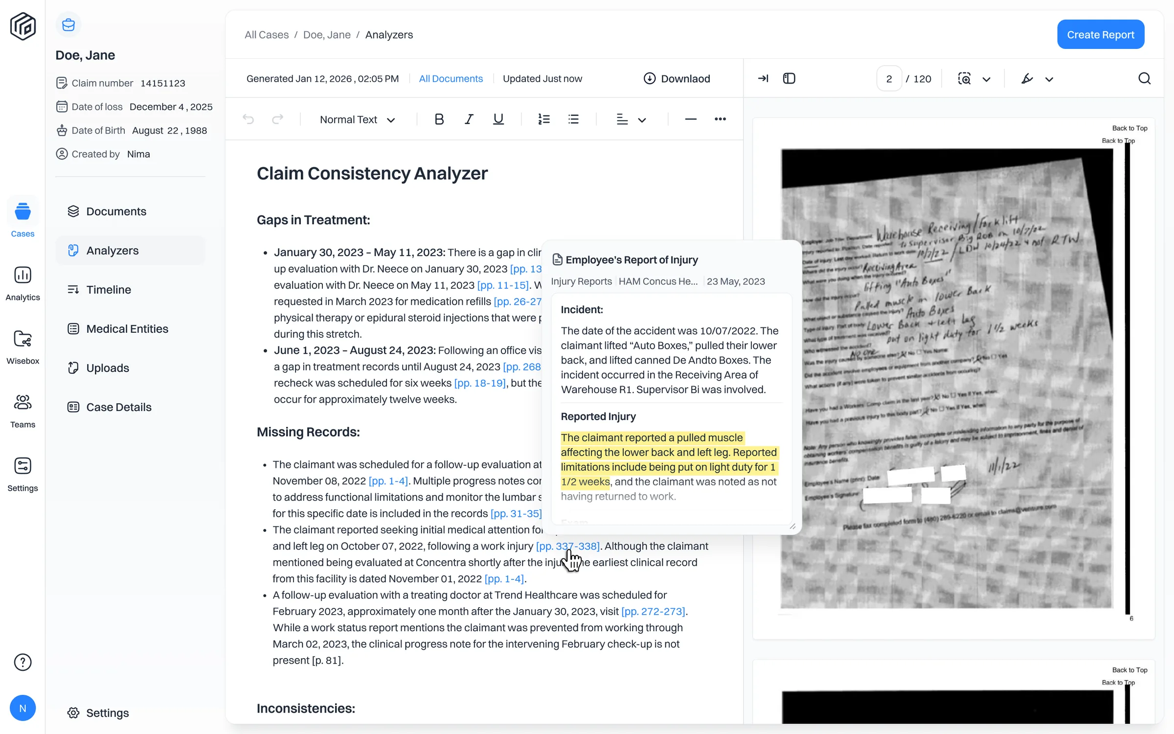 Wisedocs source review comparing an employee's report of injury with the original handwritten source record