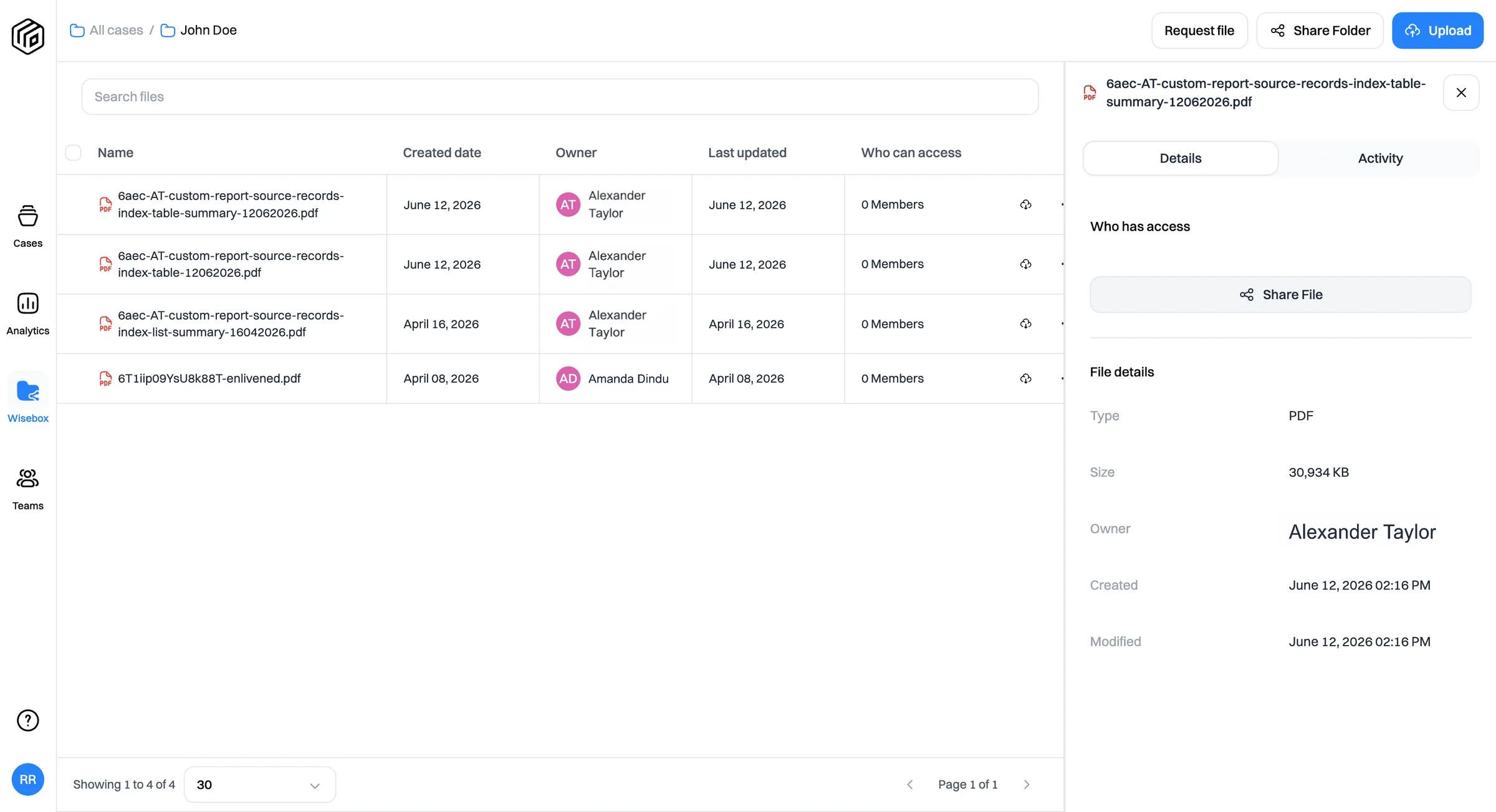 WiseShare file manager with a Share File button and file access details