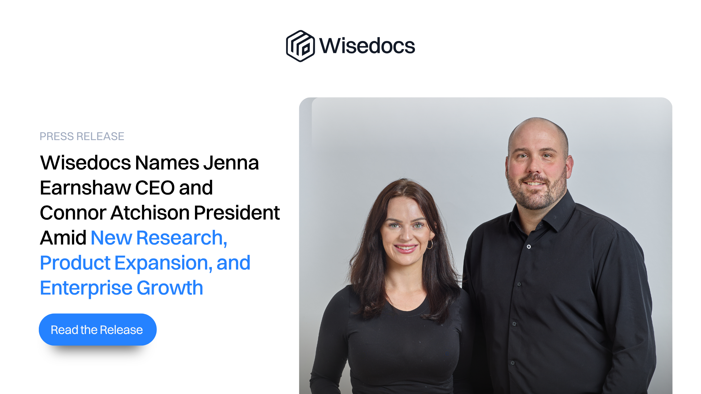 Wisedocs blog banner announcing Jenna Earnshaw as CEO and Connor Atchison as President, with a press release headline and a photo of both executives.