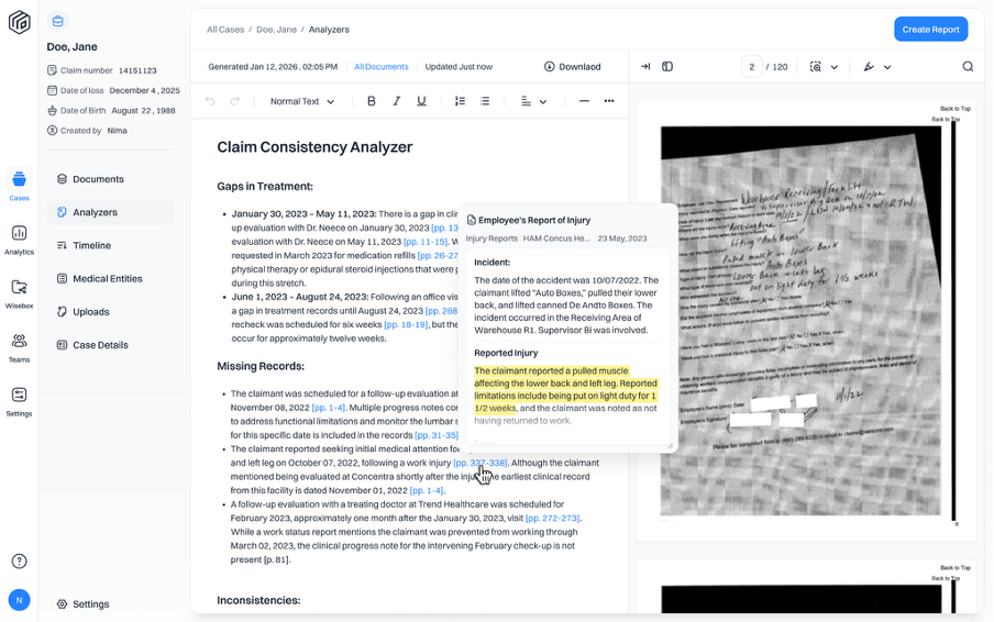 Screenshot of Wisedocs claims consistency analyzer