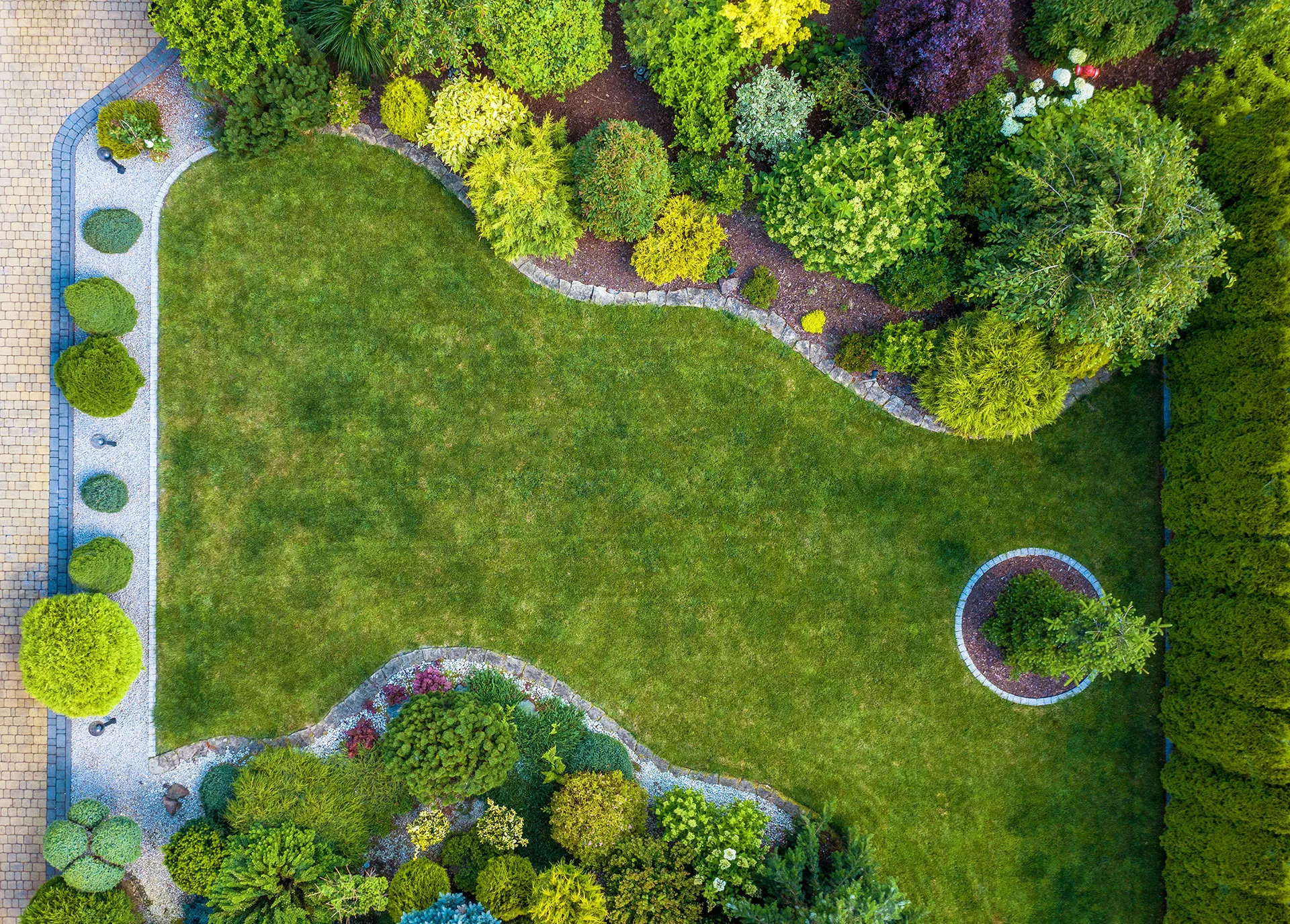 An aerial view of a freshly mowed lawn.