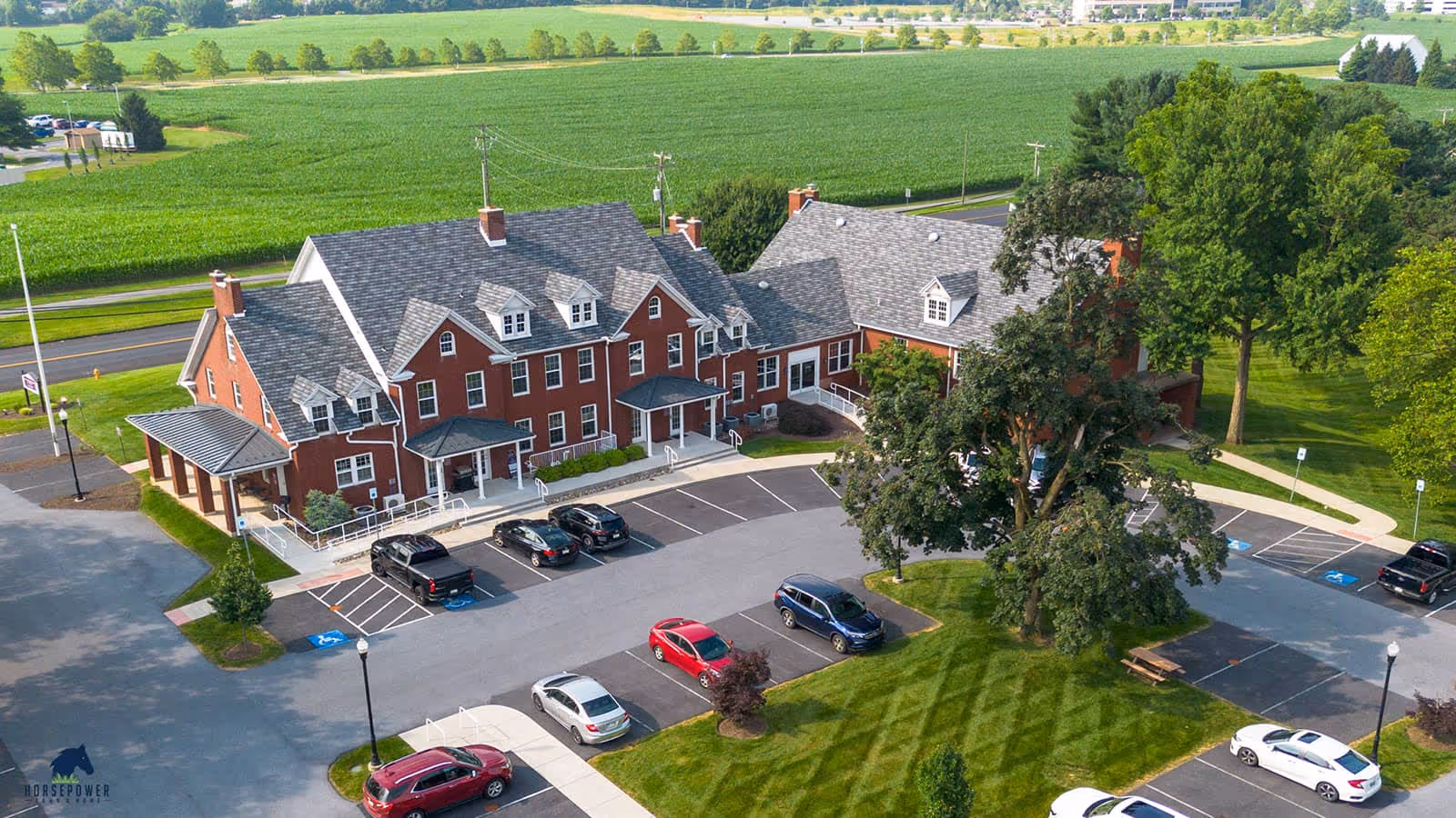 Aerial view of residential lawn care near me Horse Power Lawn and Home Hershey PA