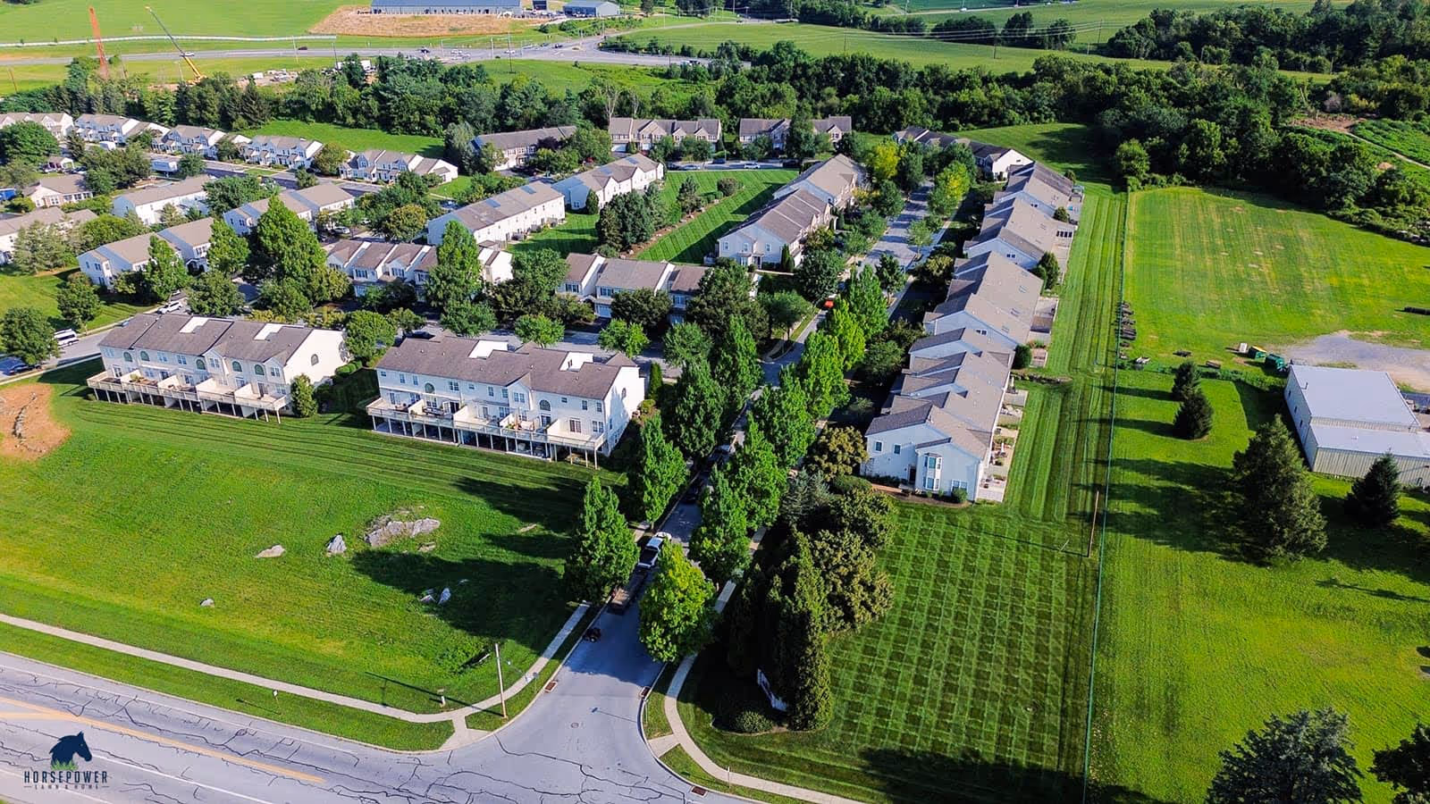 Drone aerial view of lawn care near me Horse Power Lawn and Home Hershey PA