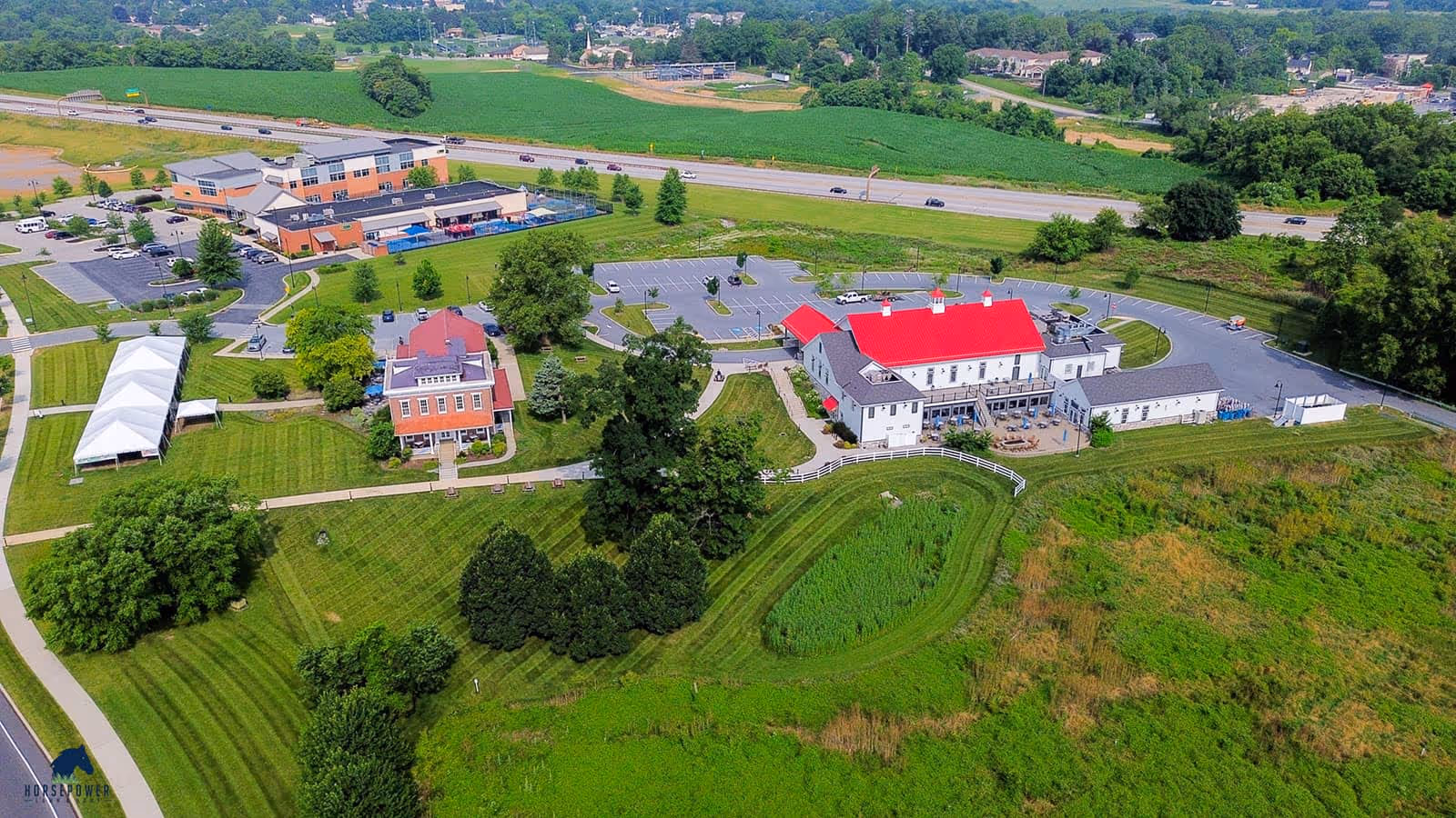 Aerial view of landscaping project by Horse Power Lawn and Home Hershey PA