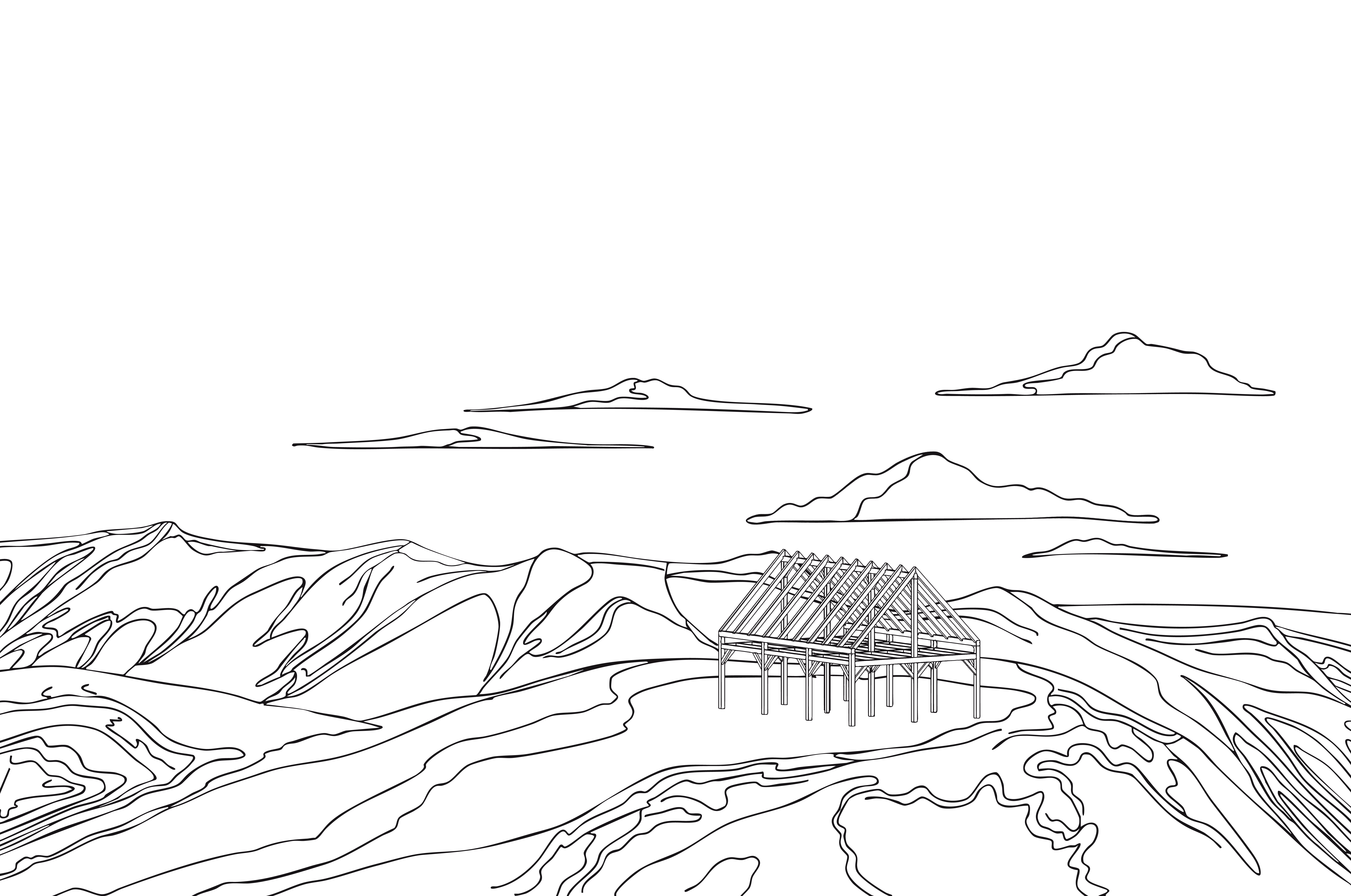 An illustration made of lines of a house on a hill in black