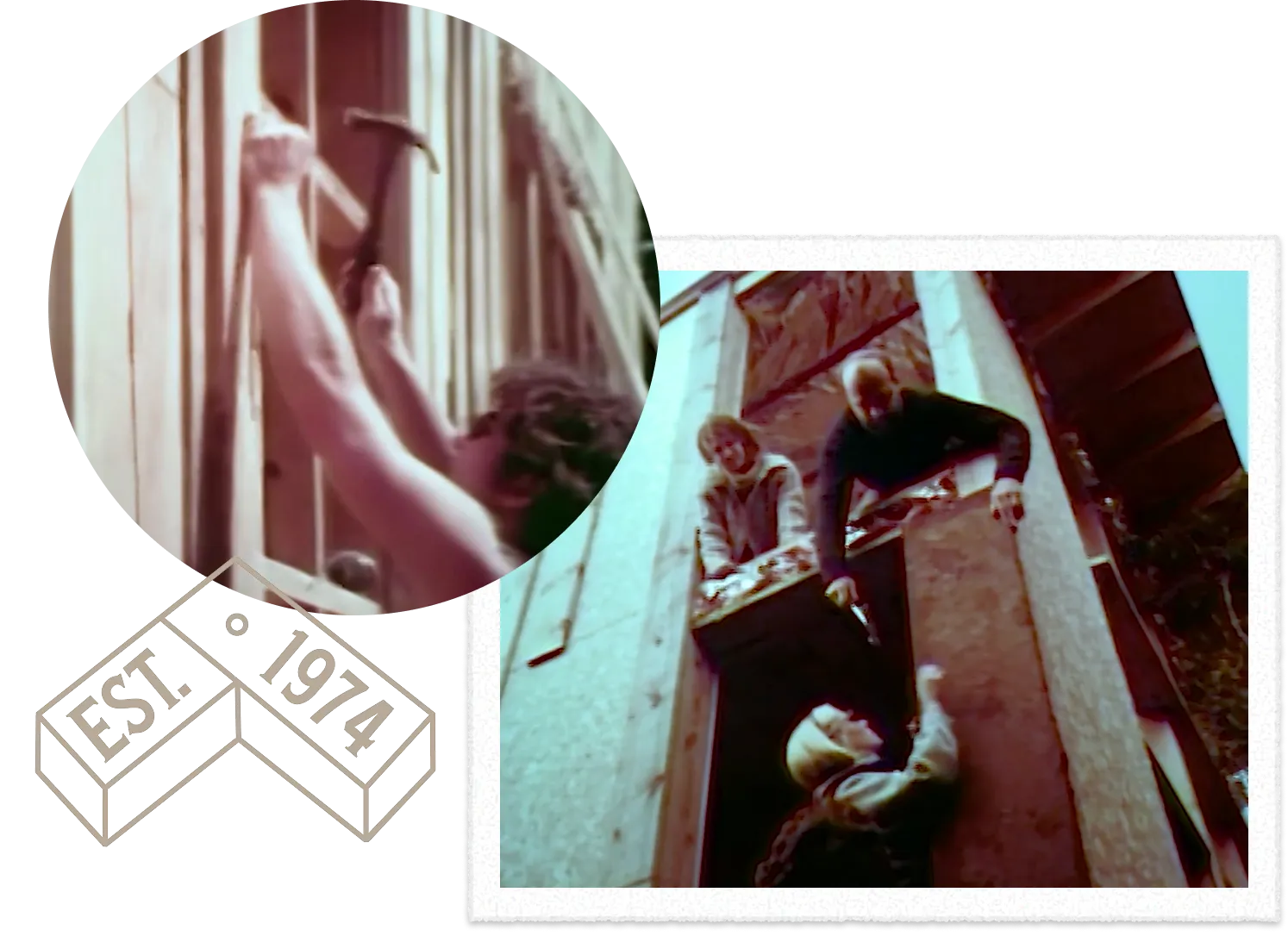 Vintage photo of people exploring architectural space with distorted perspectives