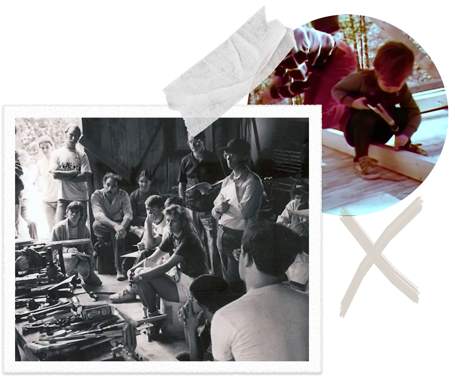 Vintage black and white photo of group gathered around workshop tools