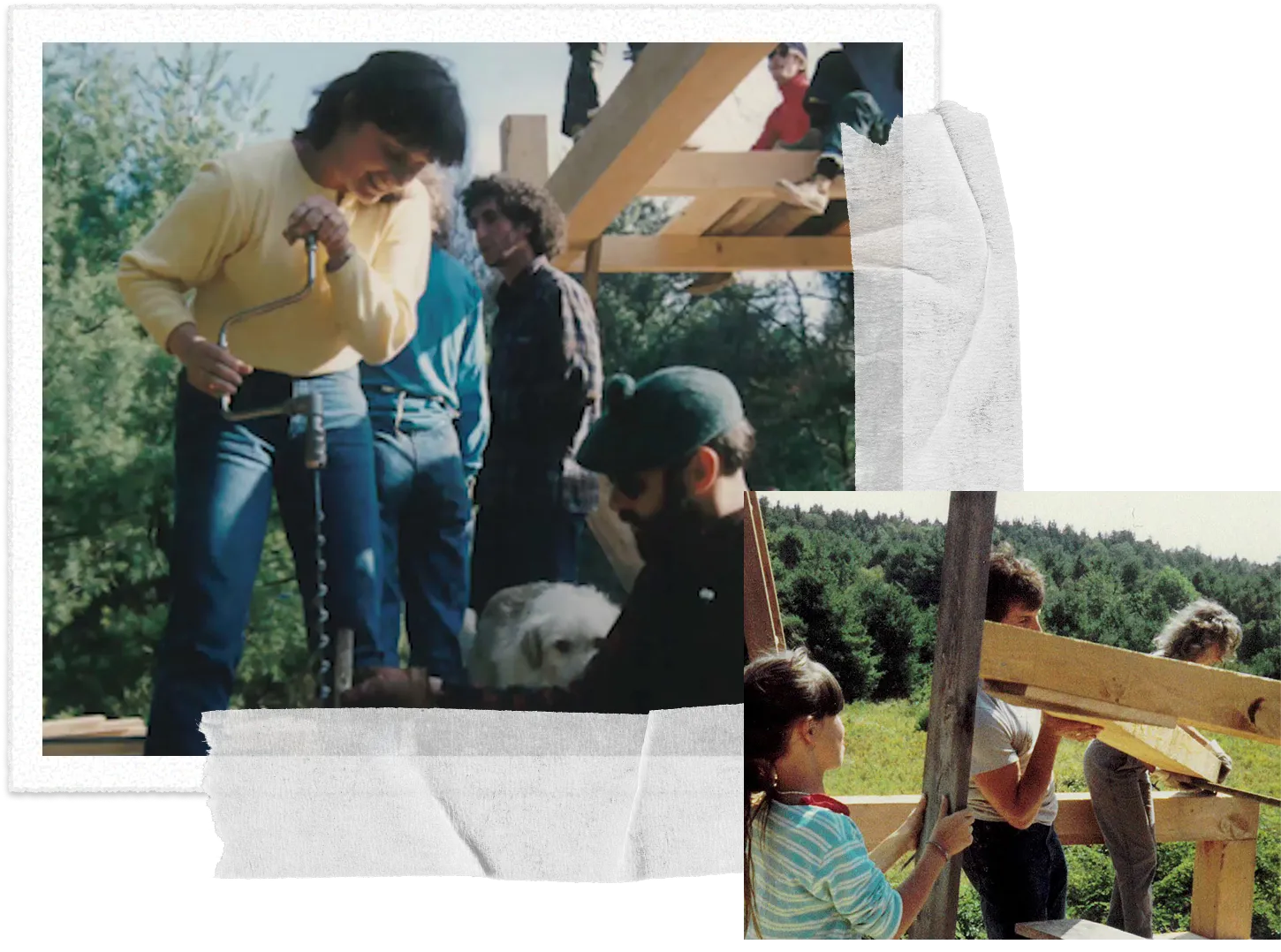 People building wooden frame structure together in rural outdoor setting