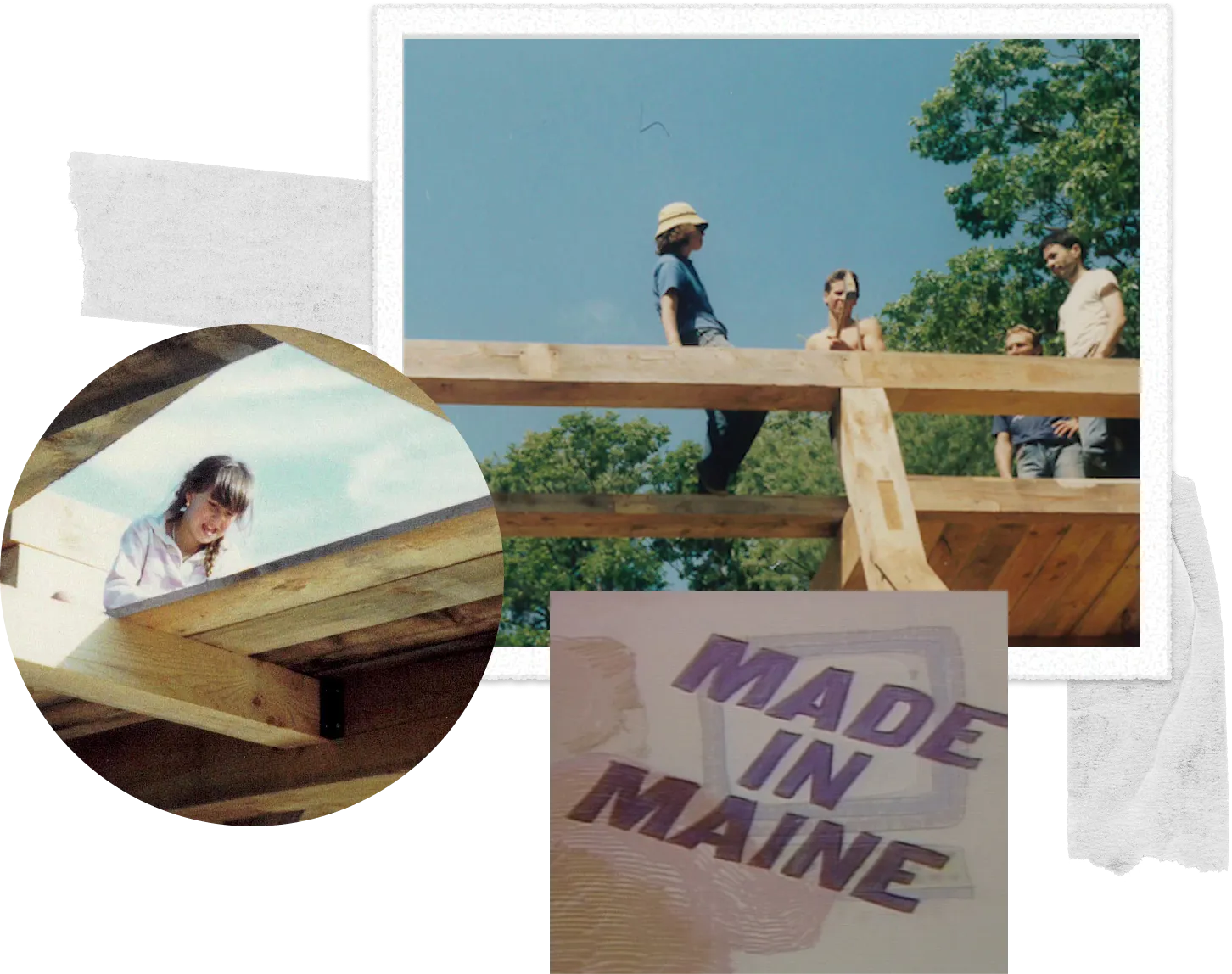People building wooden frame of house under blue sky in Maine