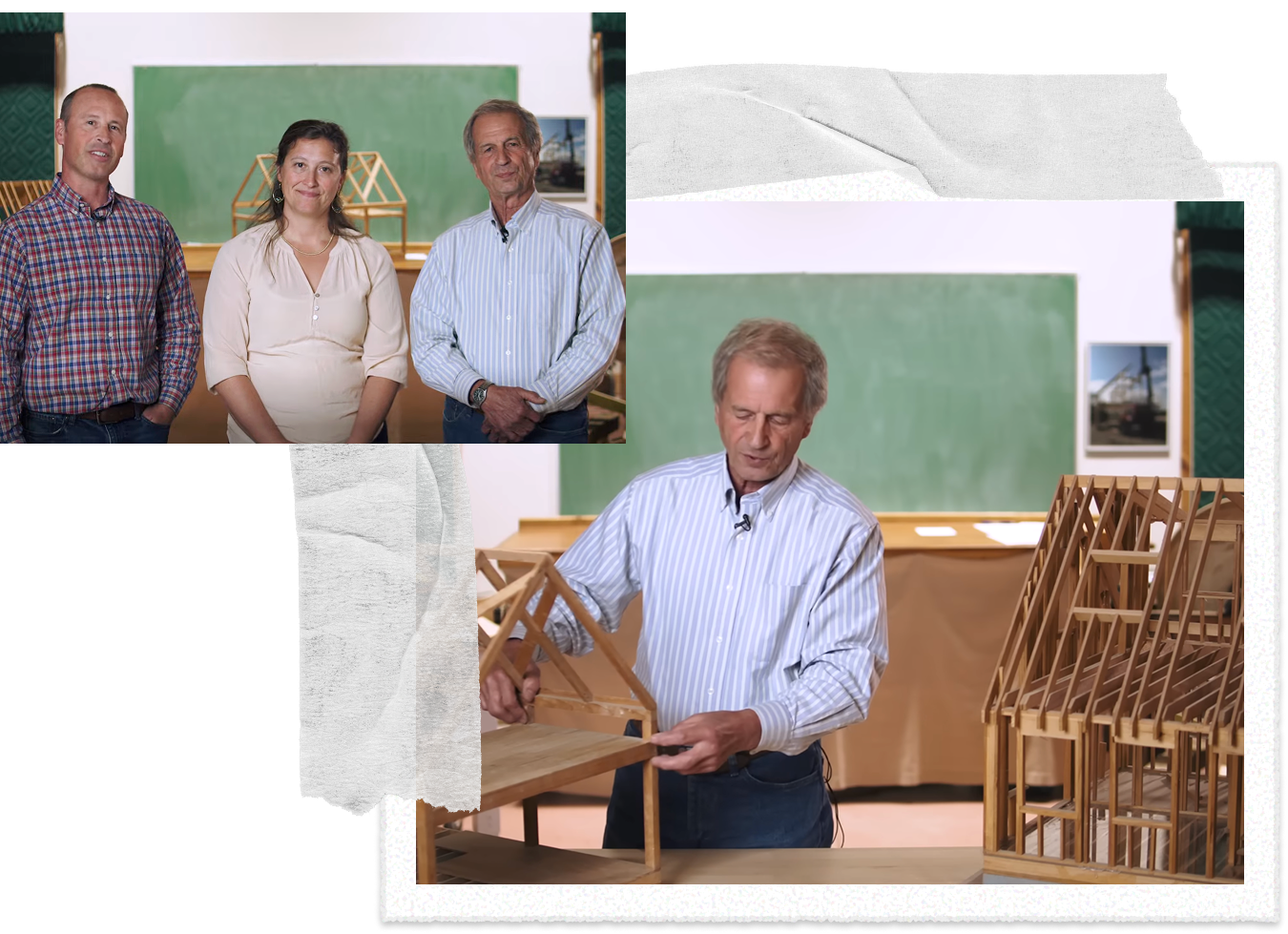 Architects or engineers working on wooden building frame model in classroom